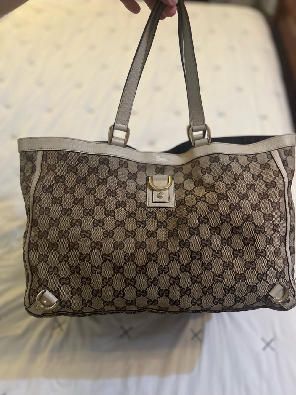 Gucci Abbey Tote Bag Large Brown GG Supreme Canvas W/Cream Leather Trim